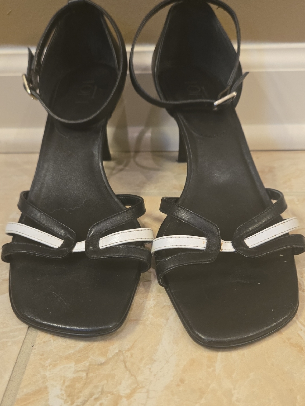 LOFT Black and White Ankle-Strap Heeled Sandals 7.5M